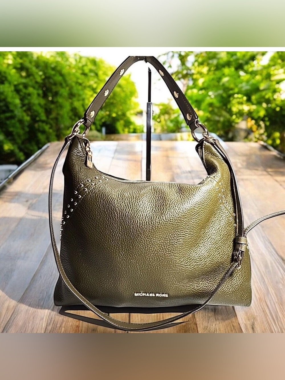 Michael Kors Aria Green Studded pebbled leather shoulder Hobo Bag Gold Hardware